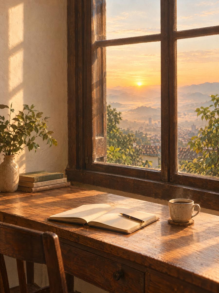 A wooden desk by an open window at sunrise, with an open notebook and a cup of coffee