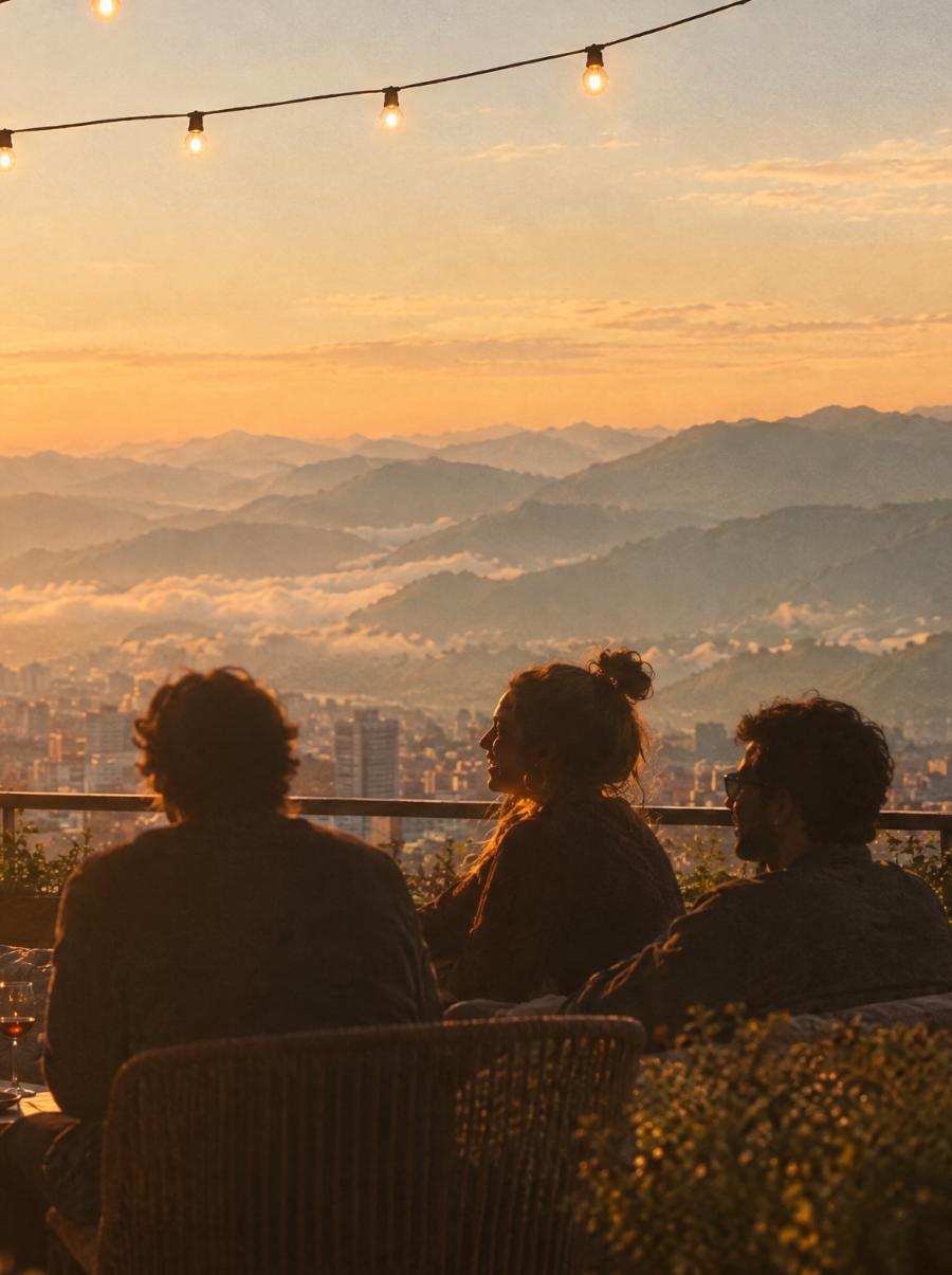 Friends gathered on a rooftop terrace at sunset, looking out over a city and mountains