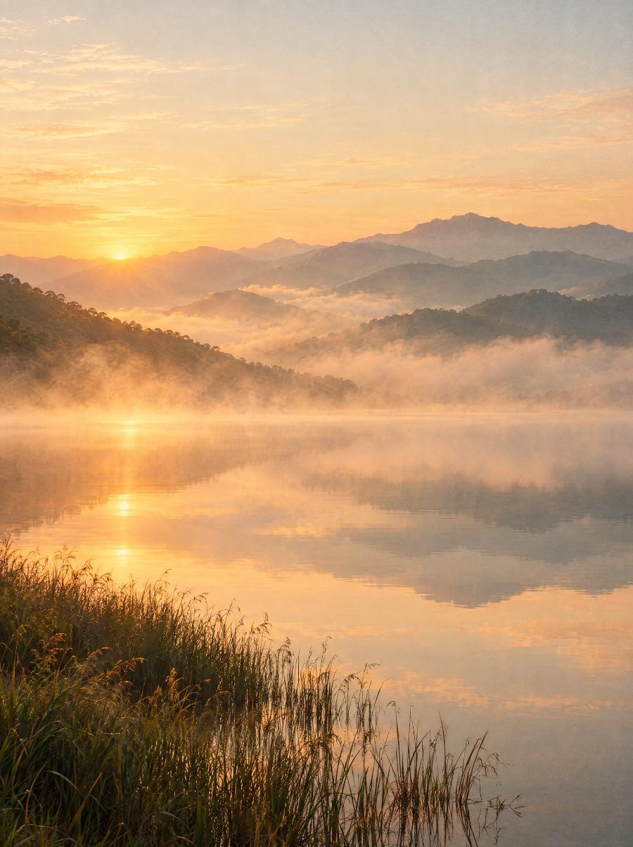 Mist rising off a still lake at dawn