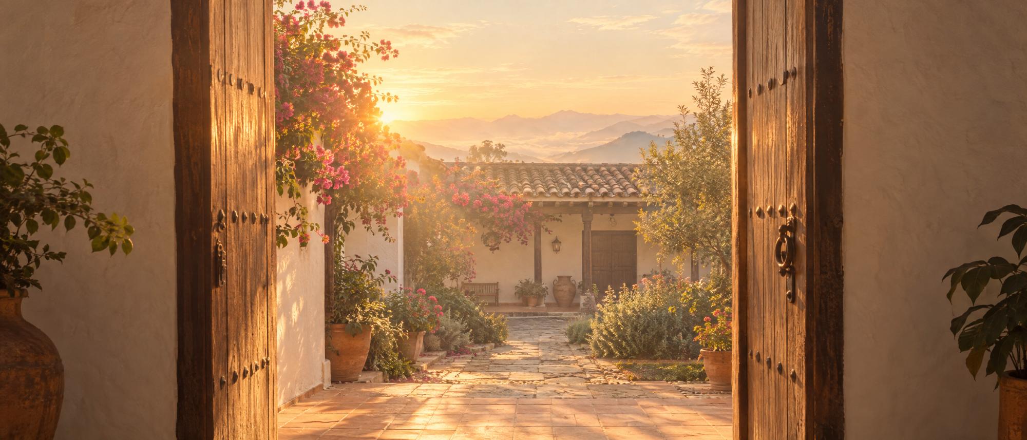 Morning light through an open wooden door onto a courtyard garden